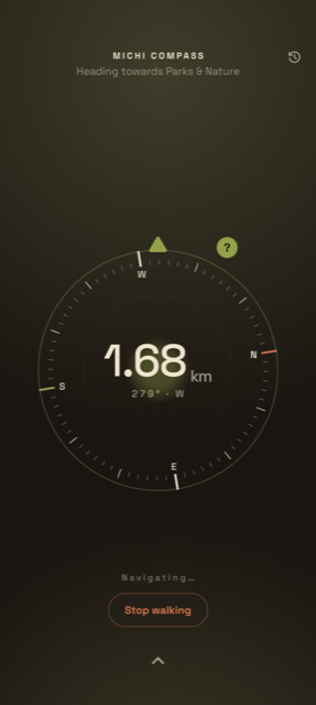 Michi compass pointing toward the hidden place with the distance shrinking